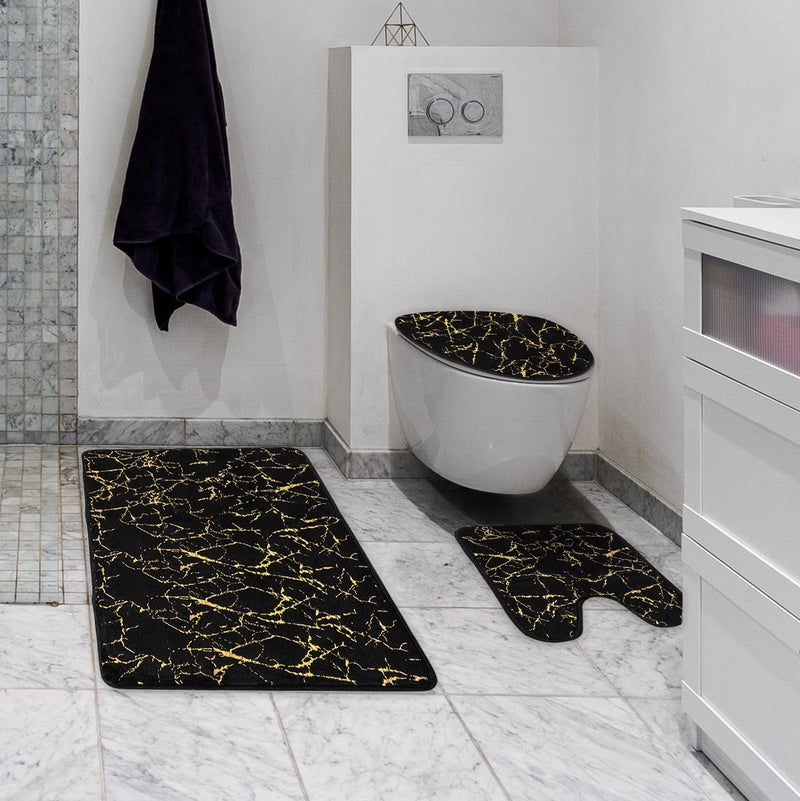 Eanpet Marble 3-Piece Nonslip Black Gold Bathroom Rugs and Mats Set - Soft, Washable, Water Absorbent Shower Rug with U-Shaped Contour and Toilet Lid Cover - Image 3