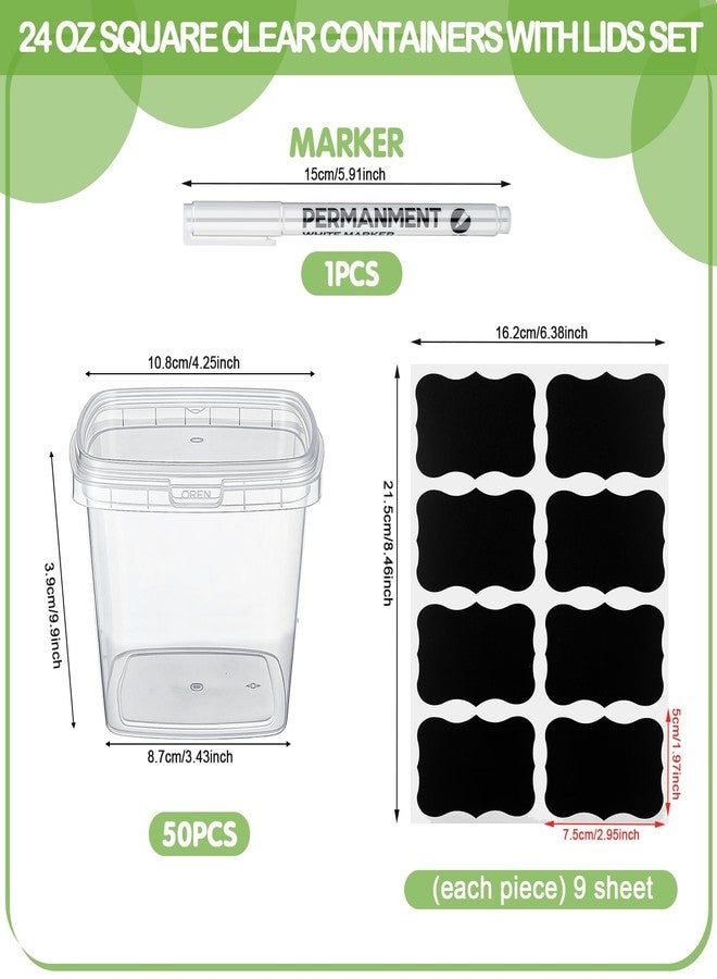 Jinei 50 Pcs 24 oz Plastic Deli Containers with Lids Clear Square Food Storage Containers Stackable Airtight Square Container with Lids with 9 Labels and Marker for Kitchen Storage Meal Take out - Image 2