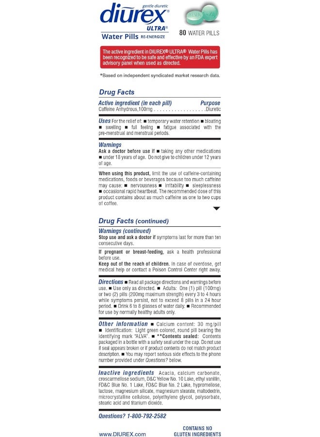 Diurex Ultra Re-Energizing Water Pills - Relieve Water Bloat - Feel Better & Less Heavy - 80 Count - Image 5