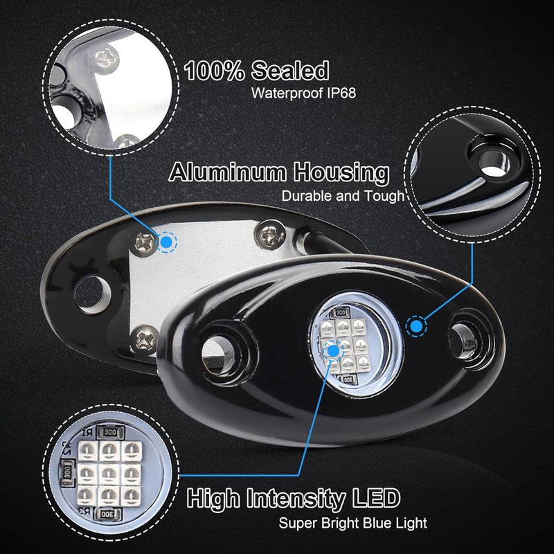 POVTOR أضواء الصخور LED الزرقاء، مجموعة أضواء الصخور POVTOR للطرق الوعرة المضادة للماء IP68 المتوافقة مع الشاحنات والبيك أب والسيارات وعربات ATV و UTV و SUV والدراجات النارية والقوارب - Image 3