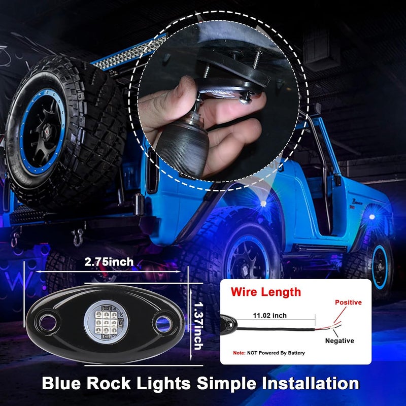 POVTOR أضواء الصخور LED الزرقاء، مجموعة أضواء الصخور POVTOR للطرق الوعرة المضادة للماء IP68 المتوافقة مع الشاحنات والبيك أب والسيارات وعربات ATV و UTV و SUV والدراجات النارية والقوارب - Image 4