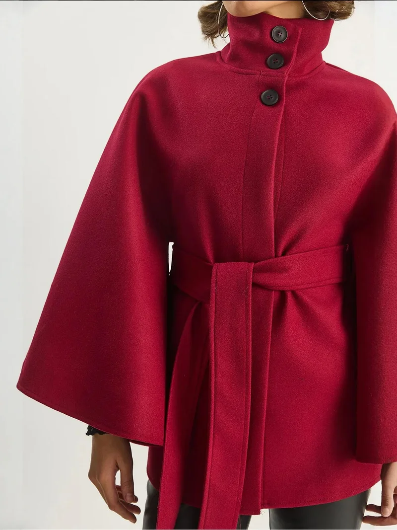 Bianco Lucci Burgundy Red LUCCI Poncho Coat with Tie Closure for Women | Best Price UAE