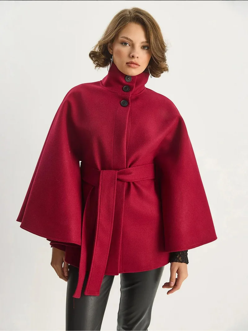 Bianco Lucci Burgundy Red LUCCI Poncho Coat with Tie Closure for Women | Best Price UAE