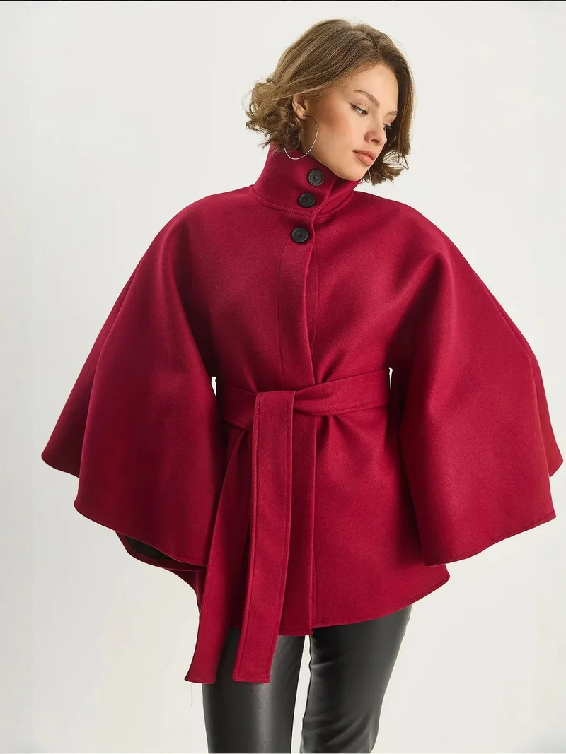 Bianco Lucci Burgundy Red LUCCI Poncho Coat with Tie Closure for Women | Best Price UAE