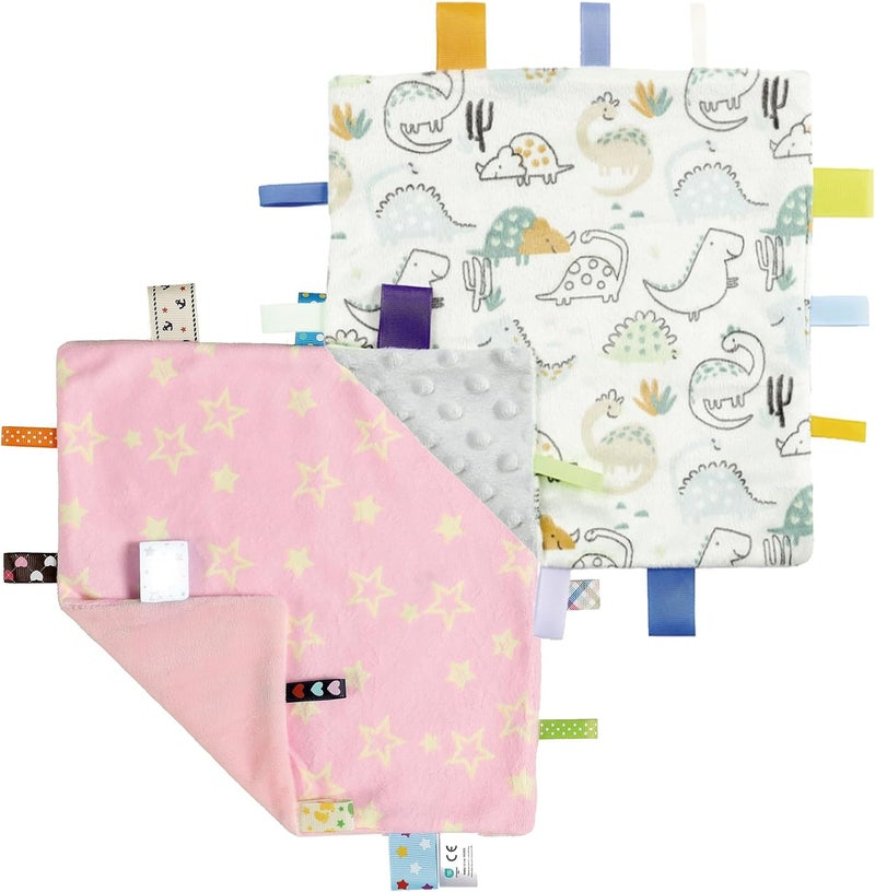 Tag Security Blankets for Babies, Soft Small Loveys for Boys, Baby Comforter Sensory Blanket, Great Gifts for Birthday Baby Shower - 10"X10" Pink Star + Dinosaur