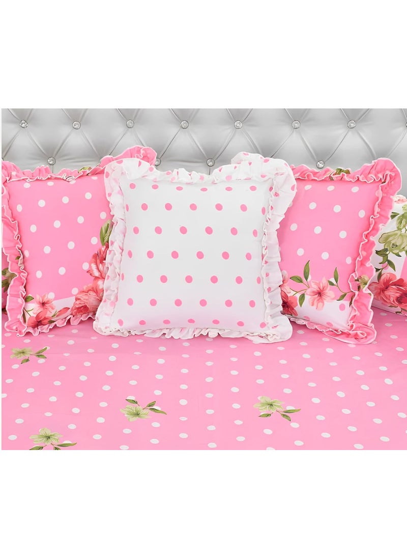 JBTC JBCT Premium 280TC Bedsheet 100 Glace Cotton 1 Bedsheet Size_90 X 100 Inch with 2 Frill Pillow Cover 2 Frill Filled Cushion Cover 1 Heart Frill Filled Cushion 6 Pcs Set Pink Dot  - Image 3