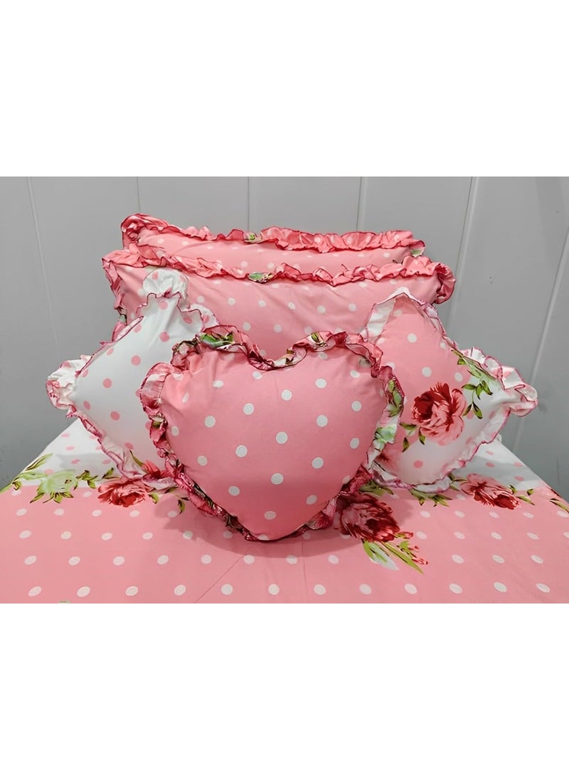 JBTC JBCT Premium 280TC Bedsheet 100 Glace Cotton 1 Bedsheet Size_90 X 100 Inch with 2 Frill Pillow Cover 2 Frill Filled Cushion Cover 1 Heart Frill Filled Cushion 6 Pcs Set Pink Dot  - Image 1