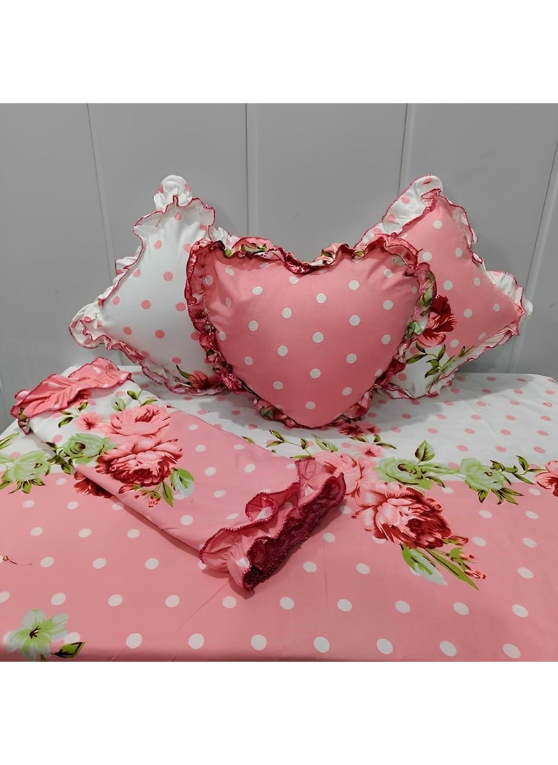 JBTC JBCT Premium 280TC Bedsheet 100 Glace Cotton 1 Bedsheet Size_90 X 100 Inch with 2 Frill Pillow Cover 2 Frill Filled Cushion Cover 1 Heart Frill Filled Cushion 6 Pcs Set Pink Dot  - Image 2