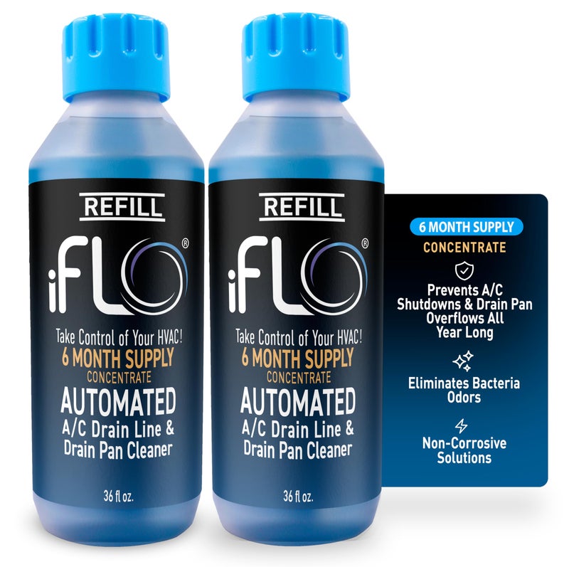 iFLO® Smart A/C Drain Line Cleaner and Drain Pan Cleaner Cartridge Concentrate, Fast-Acting, Long-Lasting HVAC System Solution for Tough Clogs & Buildup, 6-Month Supply per Bottle, 2 Pack of 36oz - Image 1