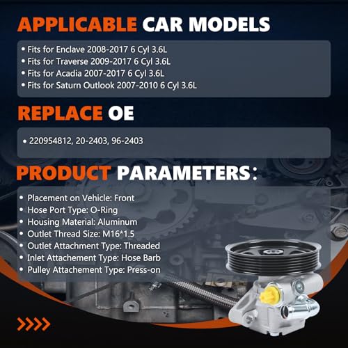 Daysyore 202403 Power Steering Pump Fits for 20082017 Enclave20092017 TraverseAcadia 6 Cyl 36L for Saturn Outlook 20072010 6 Cyl 36L Power Assist Pump Replace OE 20954812 962403 - Image 4