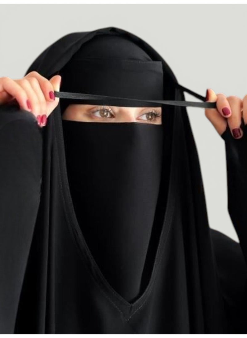 بهنس خمار فرنسي رأس بمطاط بأكمام اصلي جاهز بفتحة وجه - خمار اسلامي بكم مثلث ساتر شرعي نسائي إدناء مغلق ومريح بدون دبابيس كريب سعودي خامه ملكية فاخرة سوداء نسائية (مقاسات 48 - 50 - 52) خامير - خمارة اسود هدايا للنساء محجبات ازياء محتشمة - Image 3