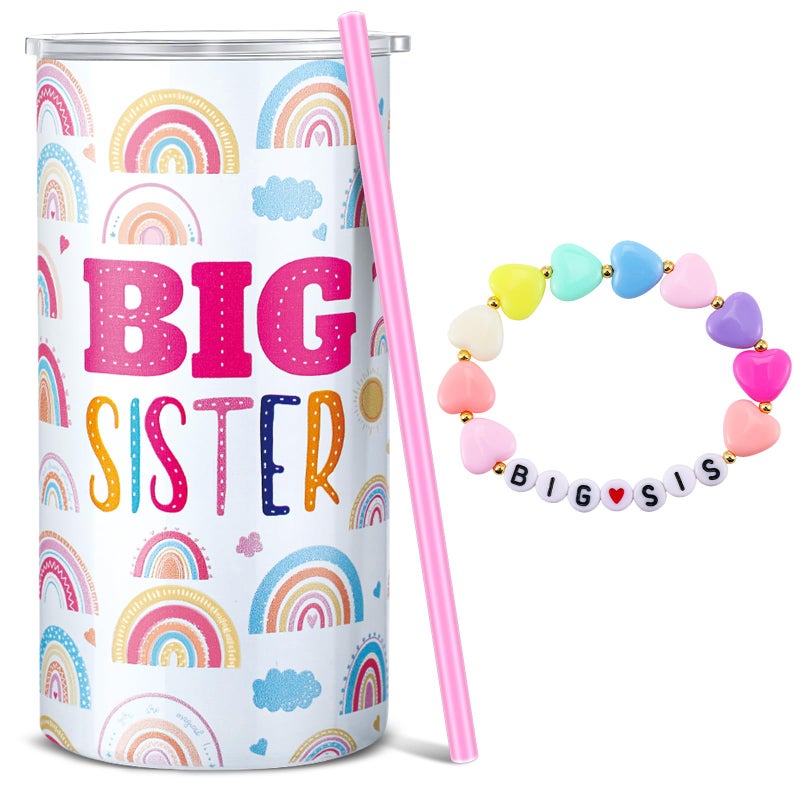 Maxcheck 2 Pcs New Big Sister Gift for Toddler 12 oz Pink Big Sister Cup Stainless Steel Tumbler with Leak Proof Lid and Straw Baby Mug Bracelet Announcement Jewelry for Little Girl Toddler