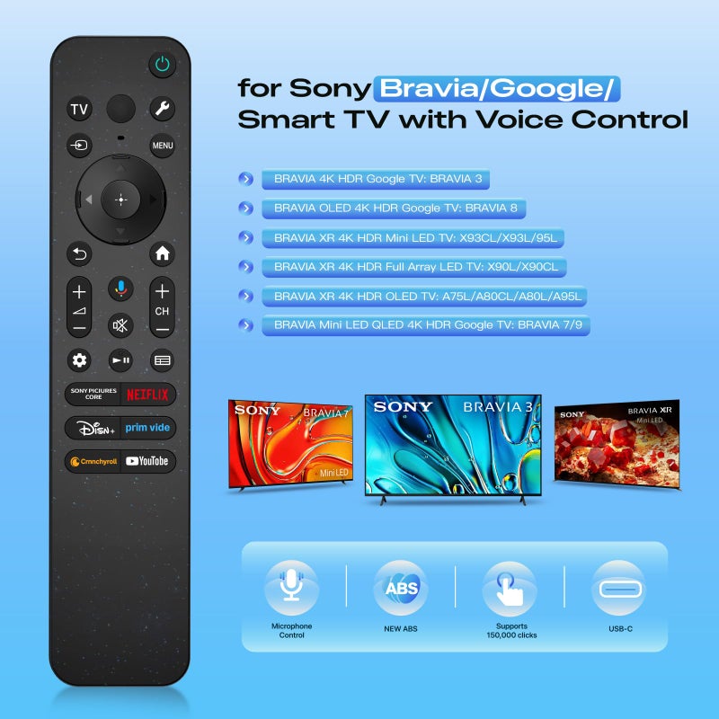 Huayu Voice Replacement for Sony TV Remote, for All 2019-2025 Sony Remote Control for Bravia Google/Android Smart 4K 8K LED OLED UHD TVs (with Backlit, Voice Control, Remote Finder and USB Changing) - Image 2