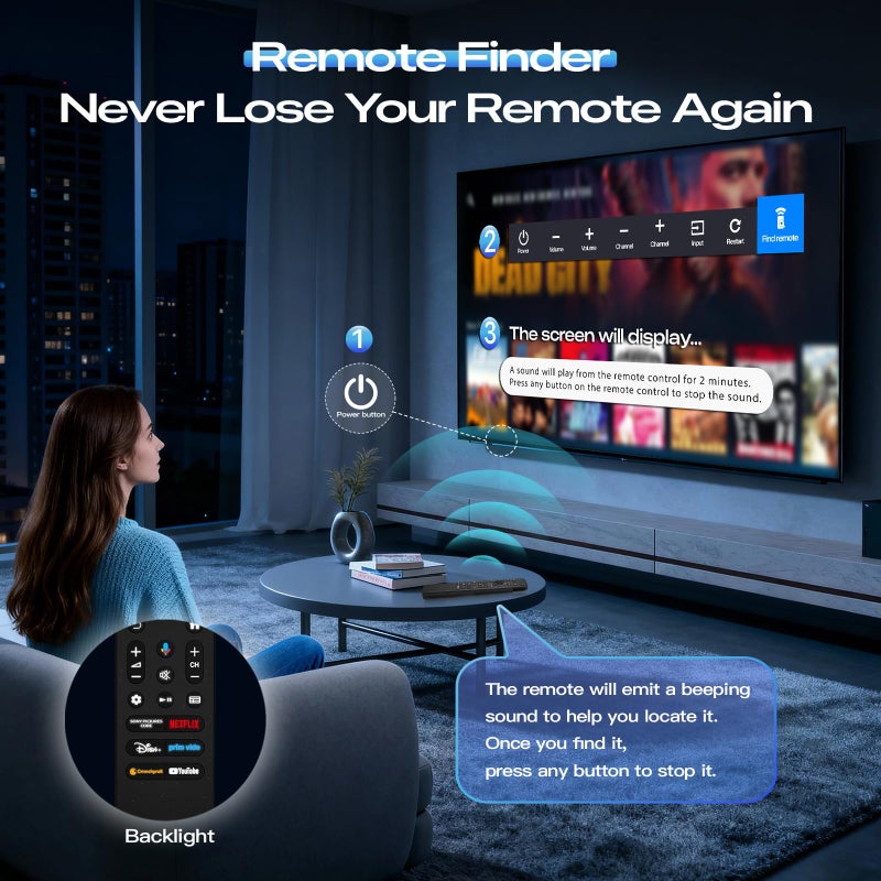 Huayu Voice Replacement for Sony TV Remote, for All 2019-2025 Sony Remote Control for Bravia Google/Android Smart 4K 8K LED OLED UHD TVs (with Backlit, Voice Control, Remote Finder and USB Changing) - Image 4