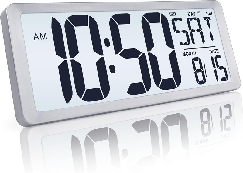 TXL Silver Large Digital Wall Clock with Backlight, 14.2" Battery Operated Alarm Clock with Day, Date & Temperature, Large Wall Clock for Classroom,Bedroom, Livingroom, Office，（Battery Included） - Image 1