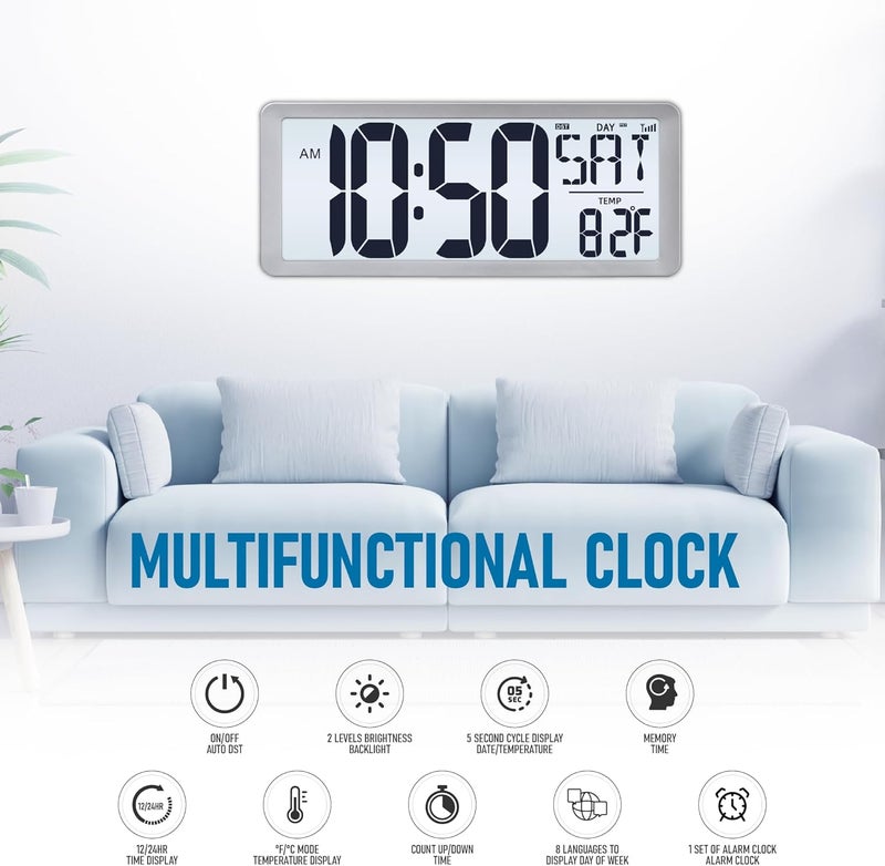 TXL Silver Large Digital Wall Clock with Backlight, 14.2" Battery Operated Alarm Clock with Day, Date & Temperature, Large Wall Clock for Classroom,Bedroom, Livingroom, Office，（Battery Included） - Image 2