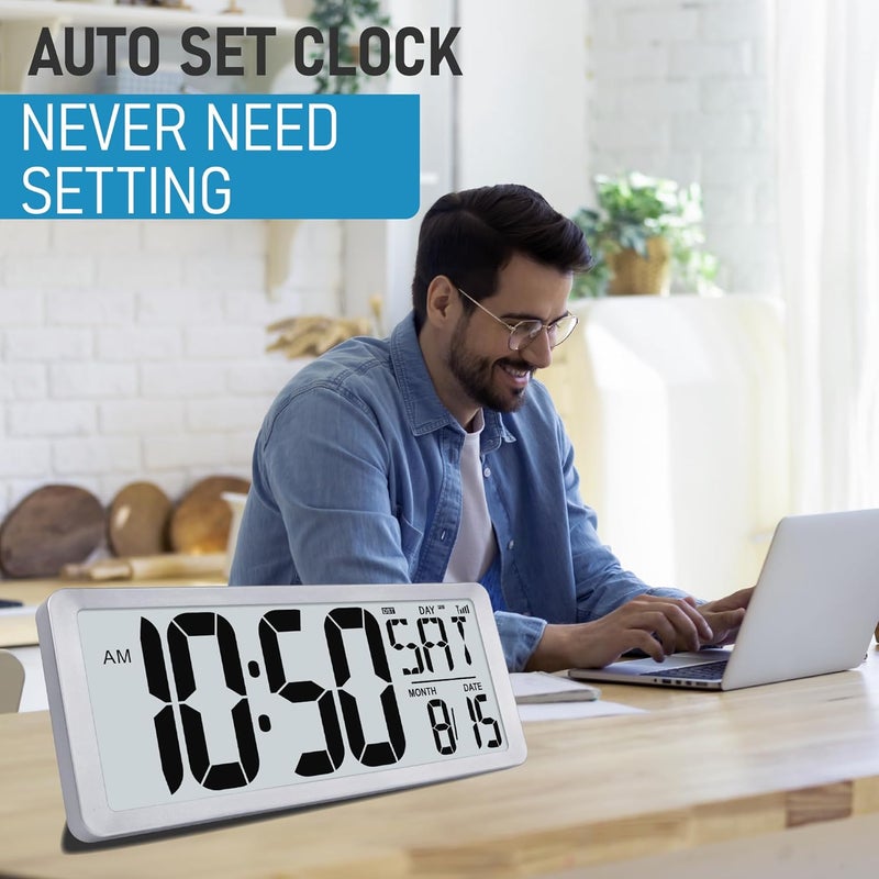 TXL Silver Large Digital Wall Clock with Backlight, 14.2" Battery Operated Alarm Clock with Day, Date & Temperature, Large Wall Clock for Classroom,Bedroom, Livingroom, Office，（Battery Included） - Image 4