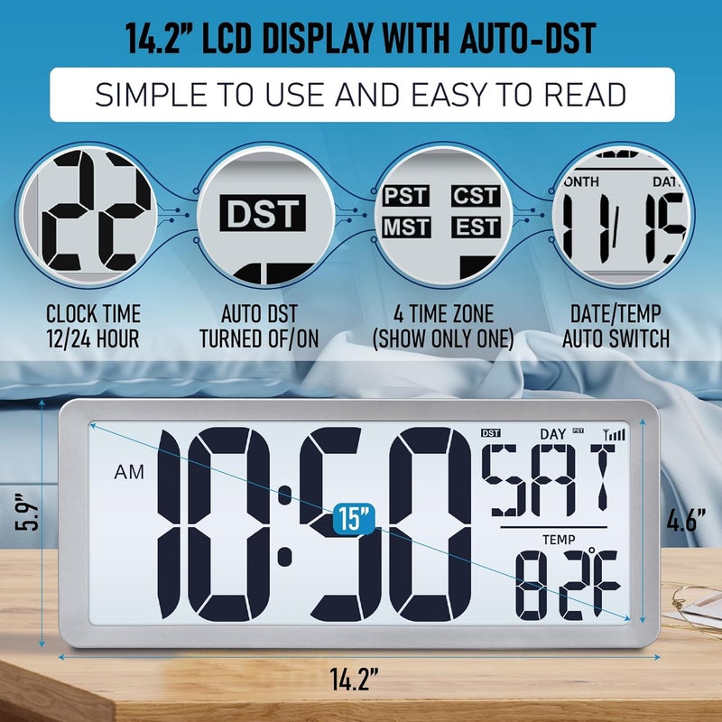 TXL Silver Large Digital Wall Clock with Backlight, 14.2" Battery Operated Alarm Clock with Day, Date & Temperature, Large Wall Clock for Classroom,Bedroom, Livingroom, Office，（Battery Included） - Image 3