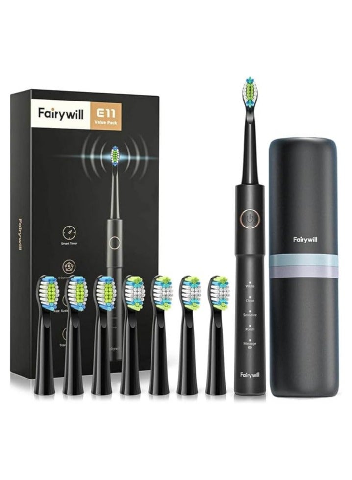 Fairywill Fairy Will E11 Sonic Electric Toothbrush with 8 Bursh Heads and Black Travel Case, Black - Image 1