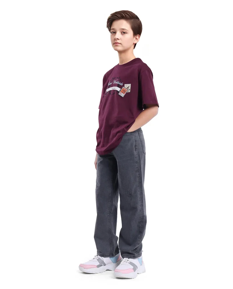 Rare Ones Rare Ones Kids Lea Grey Cotton Solid Button And Zip Closure Wide Leg Fit Jeans