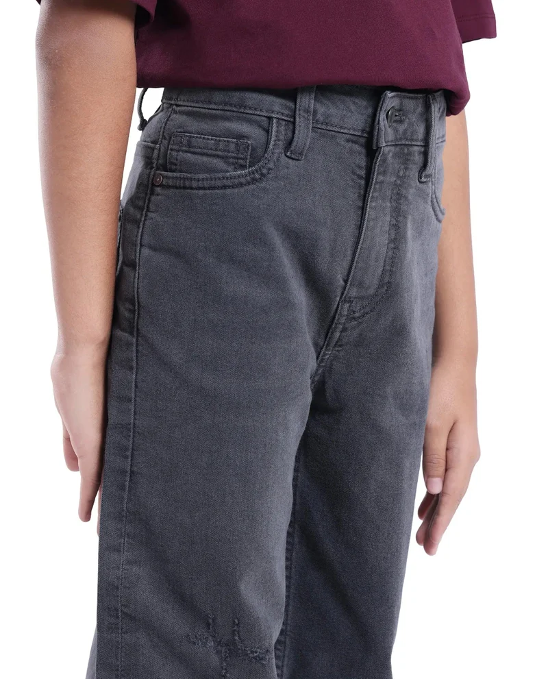 Rare Ones Rare Ones Kids Lea Grey Cotton Solid Button And Zip Closure Wide Leg Fit Jeans