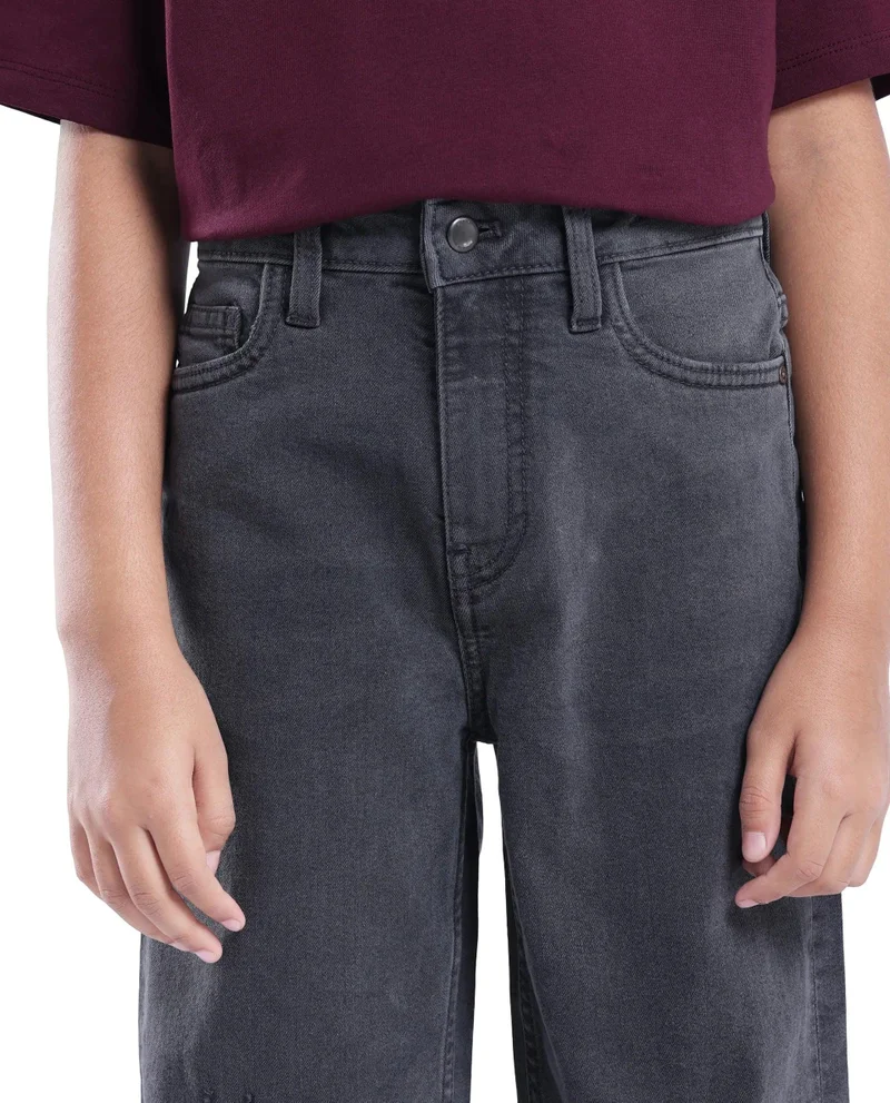 رير ونز Rare Ones Kids Lea Grey Cotton Solid Button And Zip Closure Wide Leg Fit Jeans