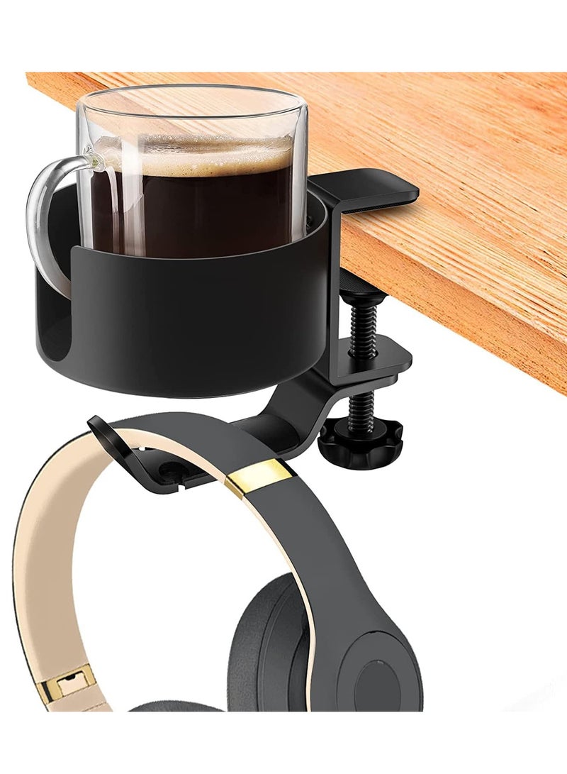 Relex 2 in 1 Desk Cup Holder with Headphone Hanger, Anti-Spill Cup Holder for Desk or Table, Easy to Install, Sturdy and Durable, Enough to Hold Coffee Mugs, Water Bottles, Headphones - Image 1