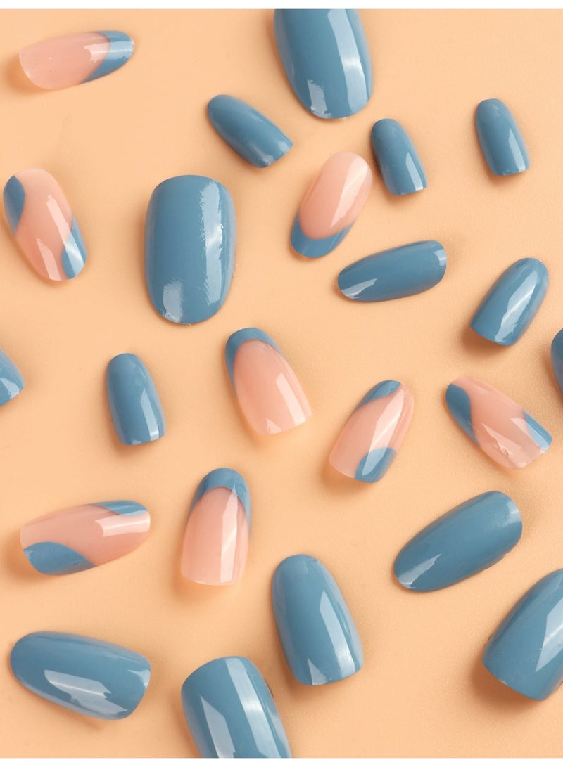 Goolsky أظافر ضغط على شكل دمعة مميزة بتصميم فرنسي هندسي باللونين الأزرق والوردي للأناقة العصرية - Image 3