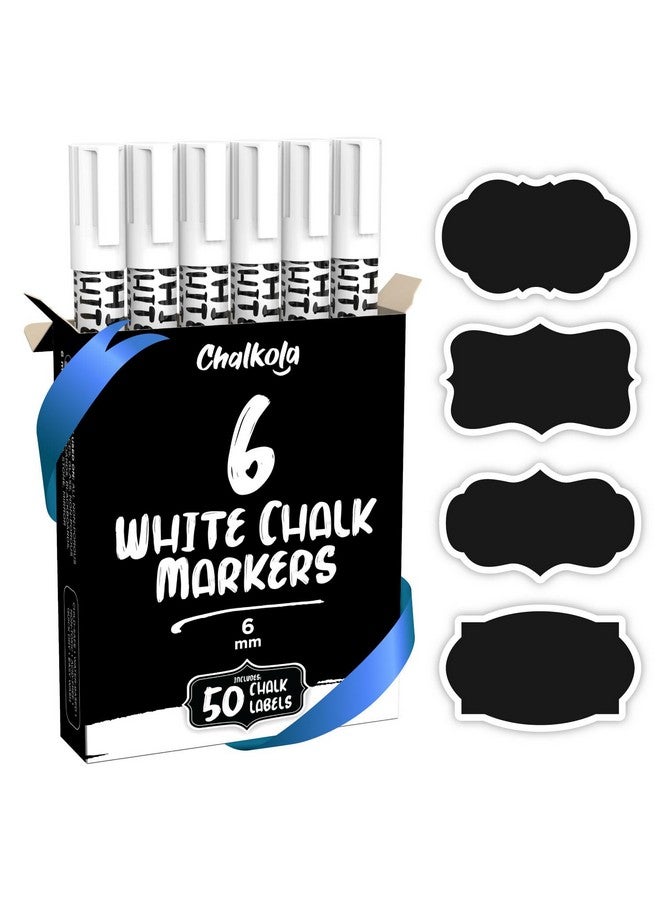 Chalkola White Chalk Markers (6 Pack) - White Dry Erase Liquid Chalk Pens For Chalkboard, Blackboard, Window, Bistro, Car Glass, Board, Signs - Erasable Ink 6Mm Reversible Tip + 50 Chalk Labels - Image 1