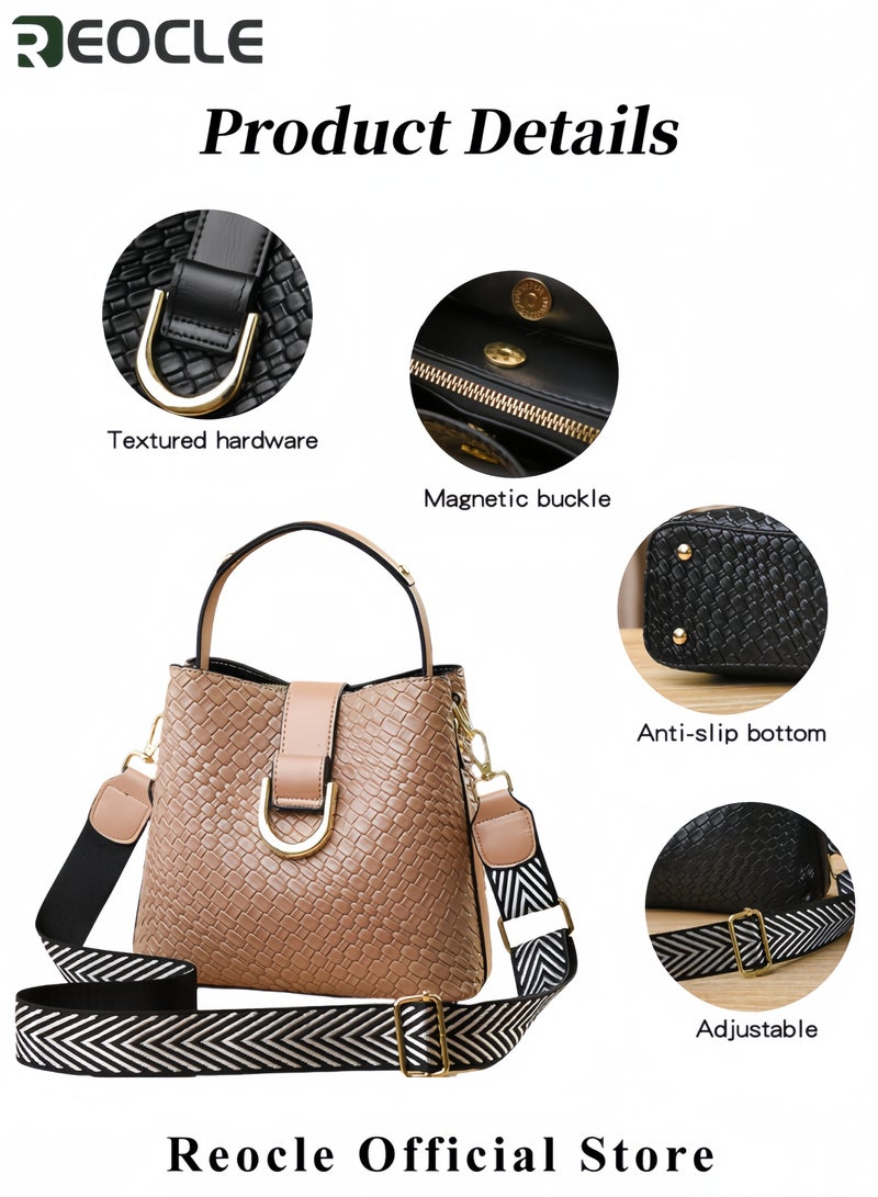REOCLE Women's Bucket Shoulder Bag Handbag with Adjustable Shoulder Strap Textured Pu Fabric Crossbody Bag for Women Commuter Bucket Bag with Large Capacity  - Image 5