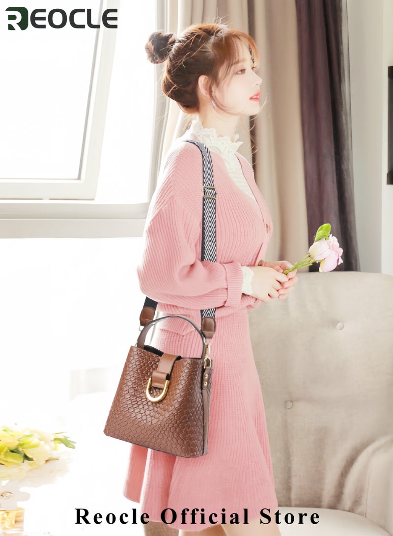 REOCLE Women's Bucket Shoulder Bag Handbag with Adjustable Shoulder Strap Textured Pu Fabric Crossbody Bag for Women Commuter Bucket Bag with Large Capacity  - Image 2