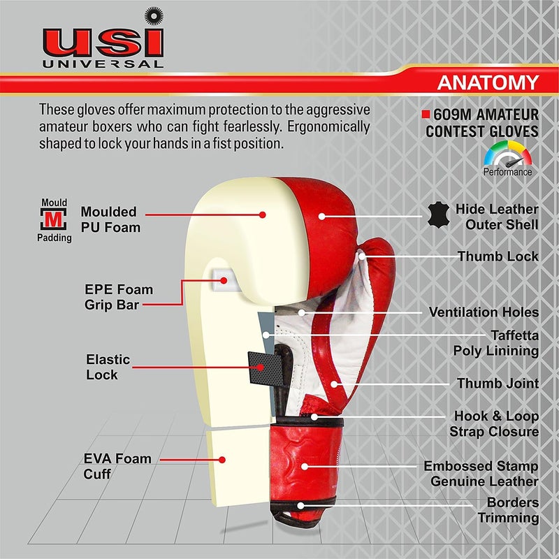 USI Amateur Leather Boxing Gloves with Hand Wrap Pair for Hard Punch Bagwork (12OZ, RED) - Image 4