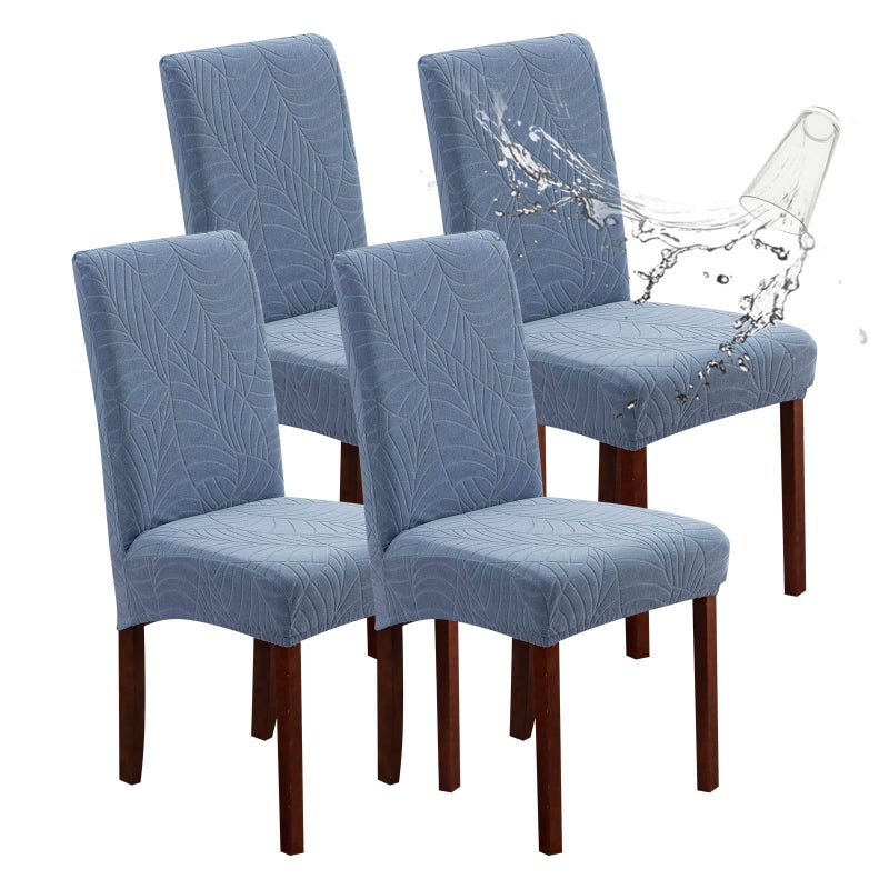 Genina Waterproof Chair Covers for Dining Room, Stretch Jacquard Dining Chair Slipcovers Removable Washable Chair Protector for Kitchen, Hotel, Restaurant (Leaves-Light Blue, 4 PCS) - Image 1