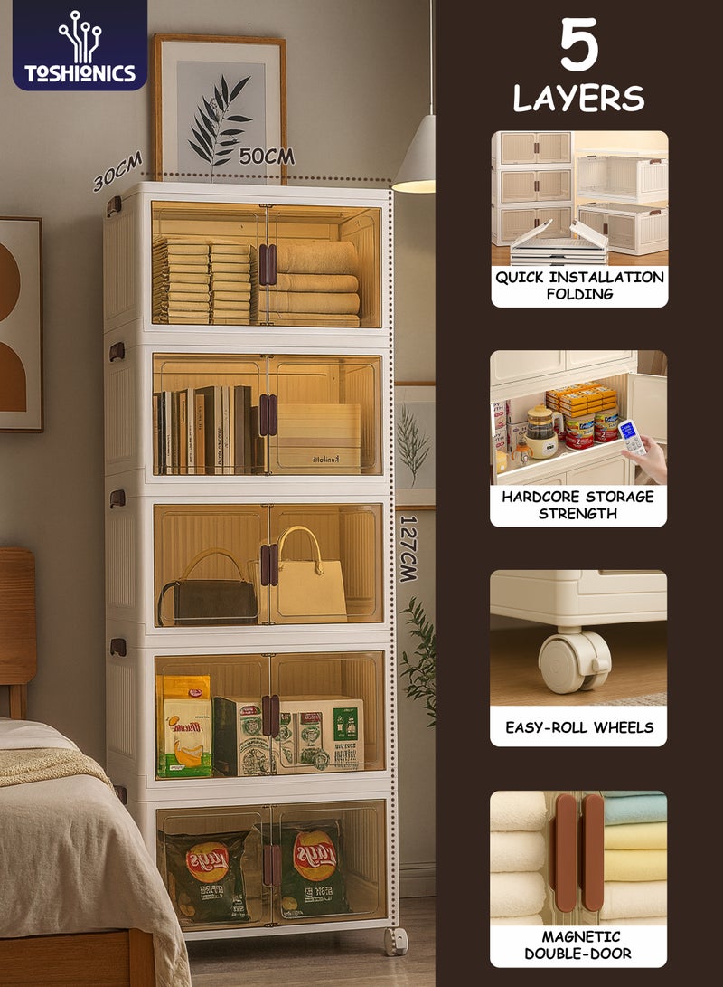 توشيونيكس خزانة تخزين بلاستيكية من 5 طبقات - 50 × 30 × 127 سم - مع أبواب مزدوجة من الأكريليك الشفاف بلون بني وعجلات قابلة للقفل - منظم متعدد الطبقات قابل للطي والتكديس ومتعدد الاستخدامات للملابس والألعاب والمخزن والمزيد - متوفر بأحجام مختلفة - Image 1