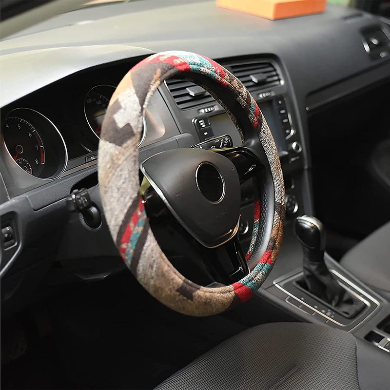 LSAUTO Universal 15inch Ethnic Style Baja Blanket Steering Wheel Cover with Coarse Flax Cloth and Sweat Absorption Anti Slip Car Wrap (Boho Brown) - Image 3