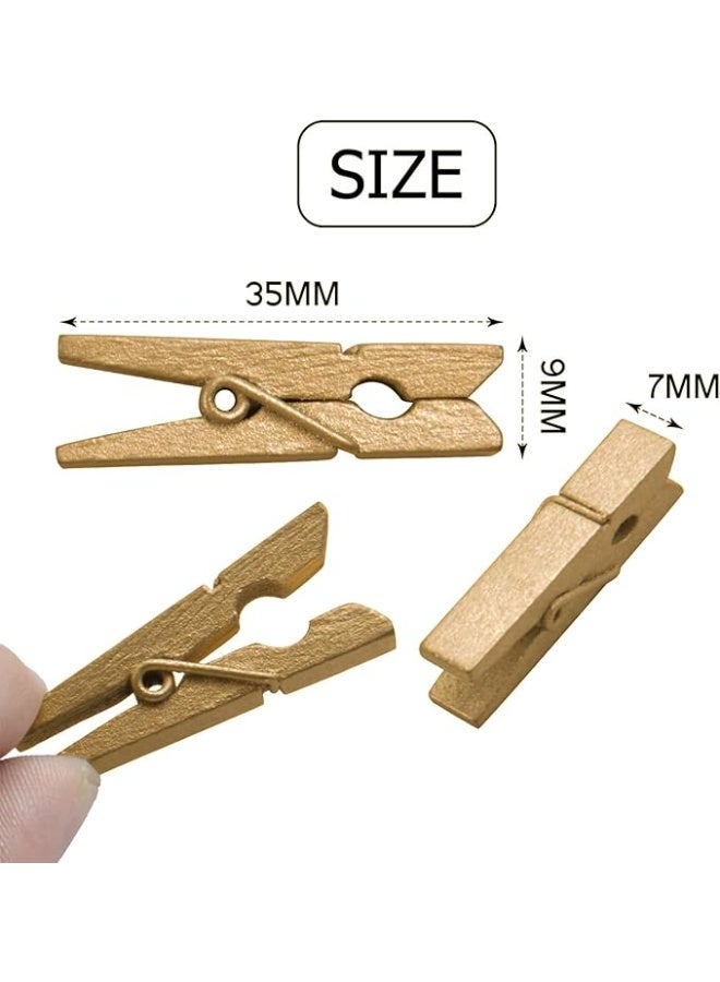 مشابك خشبية صغيرة – طقم من 100 قطعة – بطول 3 سم – باللون الذهبي – مشابك طبيعية للأعمال اليدوية وتزيين الصور والهدايا والحفلات - Image 2