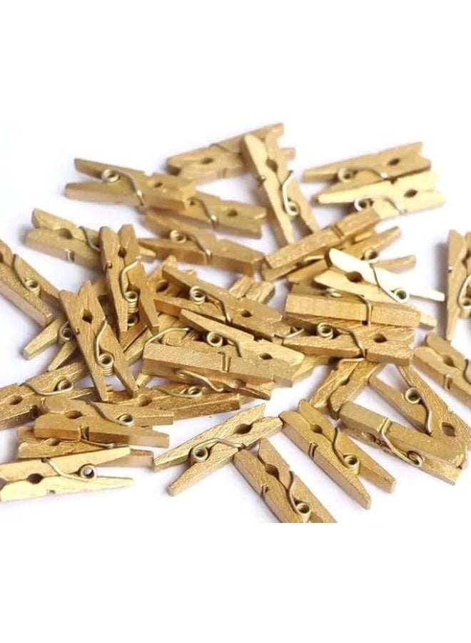 مشابك خشبية صغيرة – طقم من 100 قطعة – بطول 3 سم – باللون الذهبي – مشابك طبيعية للأعمال اليدوية وتزيين الصور والهدايا والحفلات - Image 3