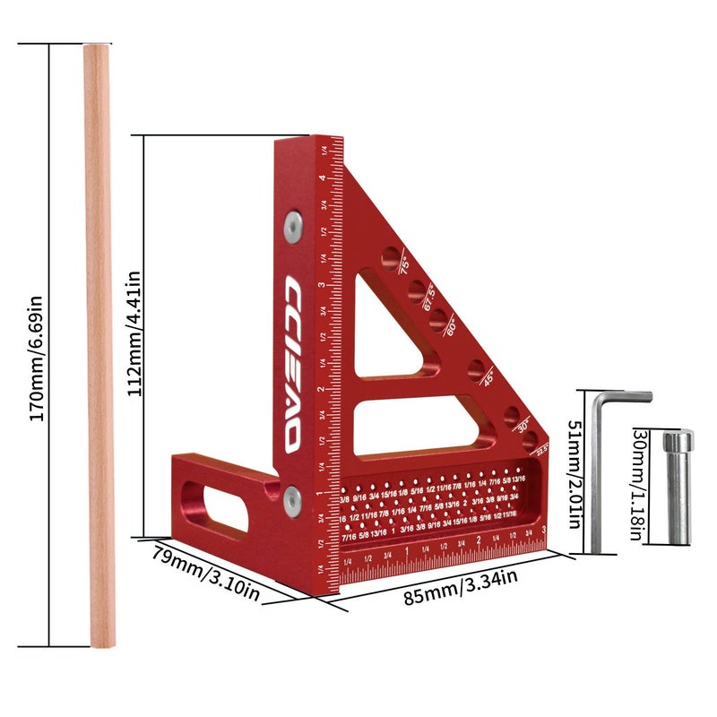 Red 3D Multi Angle Measuring Ruler With 2 Pencils 22.5 90 Degree Woodworking Square Protractor Inches - Image 3
