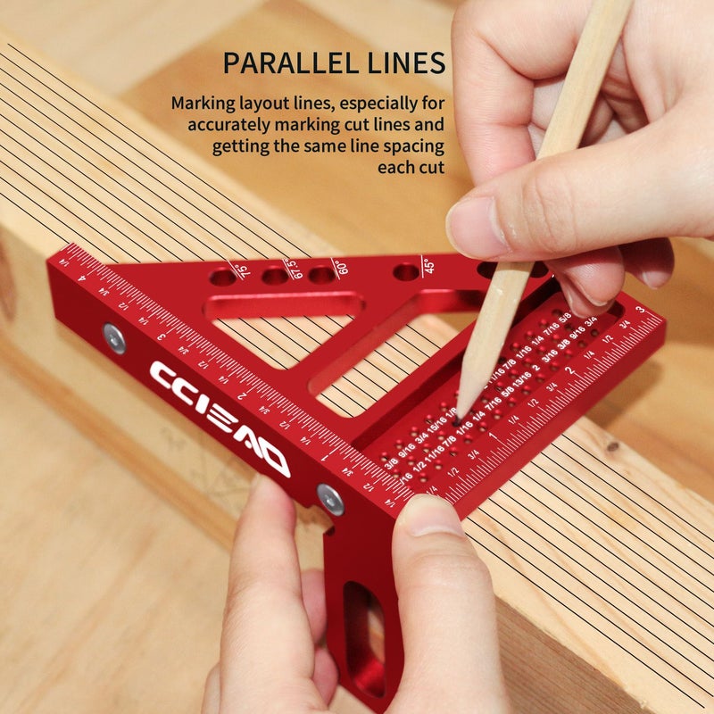 Red 3D Multi Angle Measuring Ruler With 2 Pencils 22.5 90 Degree Woodworking Square Protractor Inches - Image 2