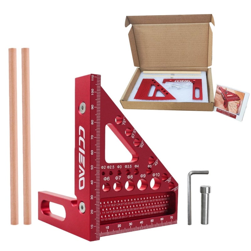 Red 3D Multi Angle Measuring Ruler With 2 Pencils 22.5 90 Degree Woodworking Square Protractor Inches - Image 1
