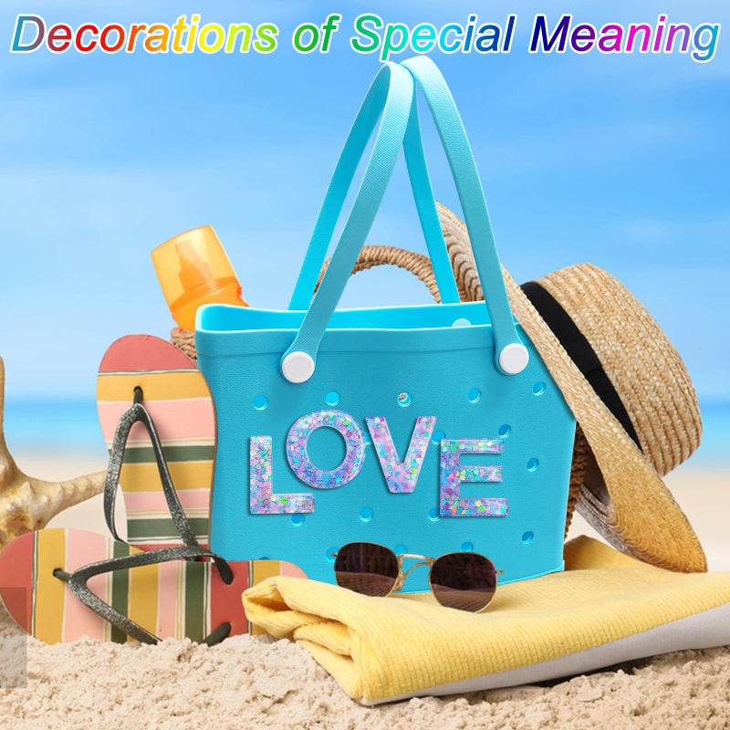 HLUWA Letter Charms for Bogg Bag, Alphabet Purple Love Sequin Lettering Accessories Charms for Bogg and Simply Southern Bag, Insert Decorative Letters Charm for Handbag Beach Tote Bag. (A) - Image 2
