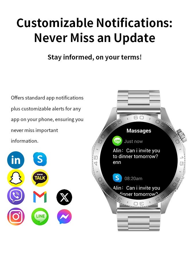 WAPIK - Korean Brand Smart Watch Y7, Business Smartwatch, 30M Waterproof Fitness Watch, Bluetooth Calling, Compatible with Android and iOS, Smartwatch for Men, Zinc Alloy Vacuum Plating, Heart Rate Monitoring,Silver - Image 1