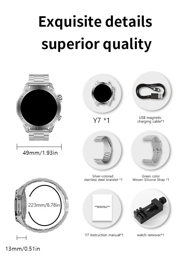 WAPIK - Korean Brand Smart Watch Y7, Business Smartwatch, 30M Waterproof Fitness Watch, Bluetooth Calling, Compatible with Android and iOS, Smartwatch for Men, Zinc Alloy Vacuum Plating, Heart Rate Monitoring,Silver - Image 1