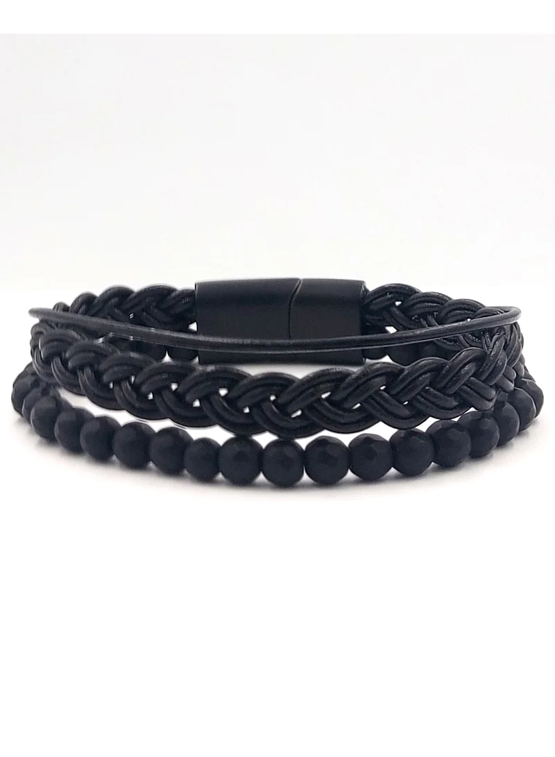 CHRYSOSTOMOS Handmade Double Leather Bracelet with Black Onyx Stones, Black Leather Braid, and Thin Leather Strap