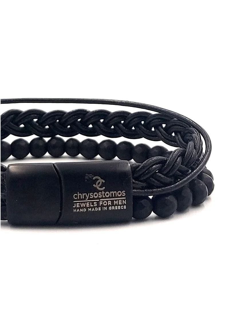 CHRYSOSTOMOS Handmade Double Leather Bracelet with Black Onyx Stones, Black Leather Braid, and Thin Leather Strap