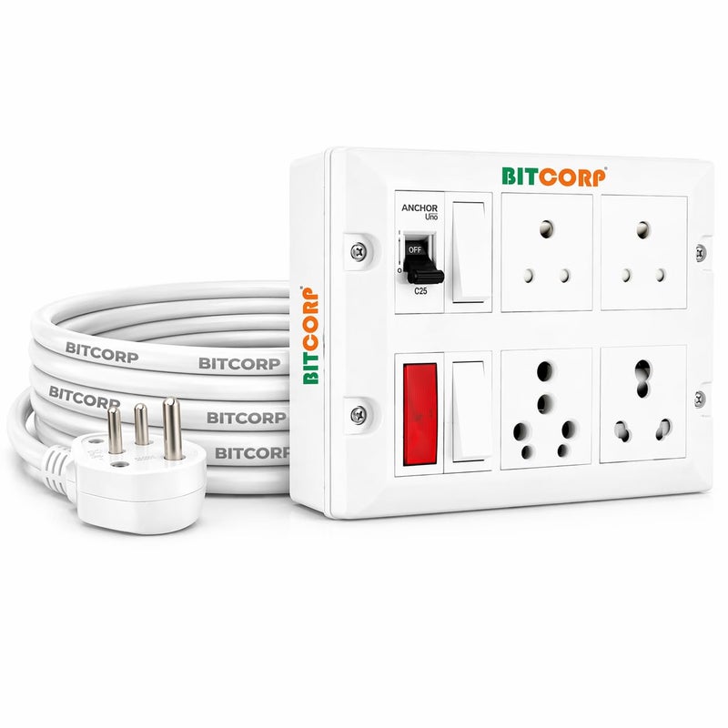 BITCORP 16A Heavy Duty Power Extension Board with 4 Socket 2 MCB, 3500W MCB Overload Protector, 2 Meter 2.5mm Electric Cord for AC, Refrigerator, EV Charger, Washing Machine, Geyser - Image 3