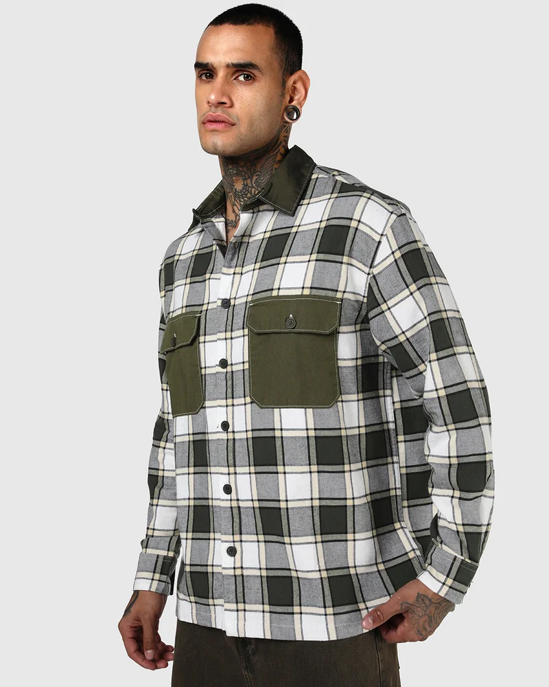 bewakoof Men's Green & White Checked Oversized Shirt