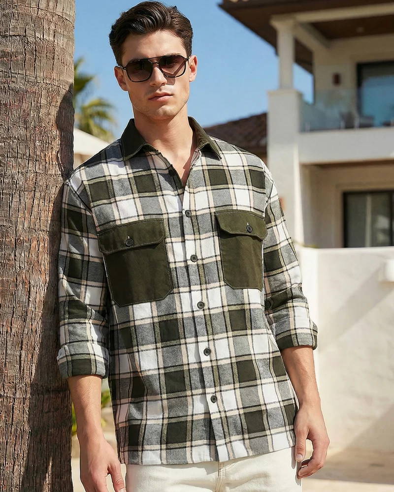 bewakoof Men's Green & White Checked Oversized Shirt