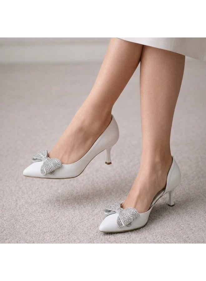 لايف ستيلاش  أحذية كعب جلدية مع فيونكة أنيقة GZ-903 - ابيض - Image 1