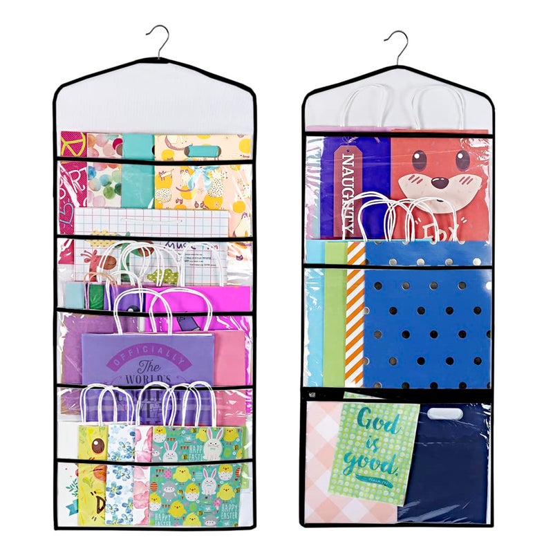 Primode Gift Bag and Tissue Paper Storage Hanging Organizer with Multiple Front and Back Pockets Double Sided Organize Gift Wrap and Paper Bags 38 x 16 Inch Black seam